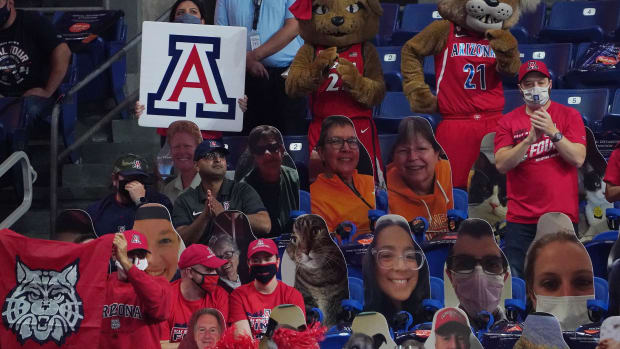 Apr 4, 2021; San Antonio, TX, USA; Arizona Wildcats mascot and fans cheer from the stands against the Stanford Cardinal during the first half in the national championship game of the women's Final Four of the 2021 NCAA Tournament at Alamodome. Mandatory Credit: Kirby Lee-USA TODAY Sports